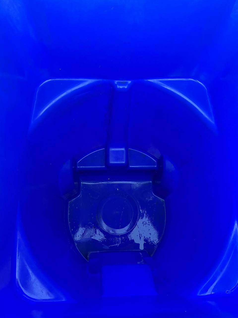 After: clean blue trash bin with a freshly washed interior